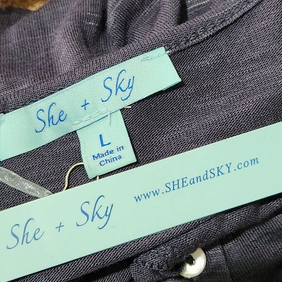 She Sky top Size Large Dark Blue Sheer Lightweight Relax Fit Front Buttons - Picture 6 of 10